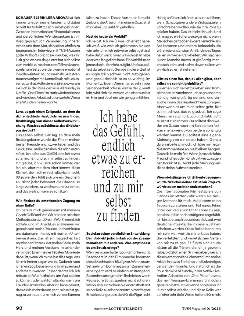 Magazine page layout featuring a large text block centered between columns of German text on a white background, minimal design.
