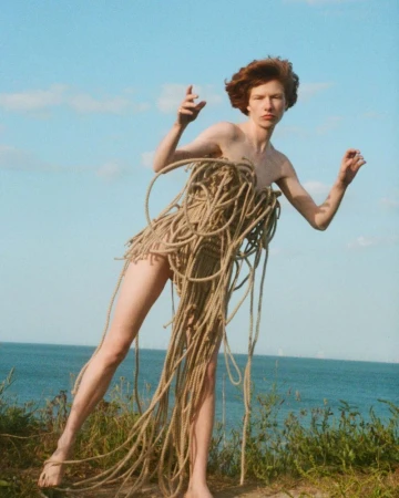 Red-haired person stands on grassy land near water, draped in brown rope, looking at the camera in outdoor setting under blue sky.