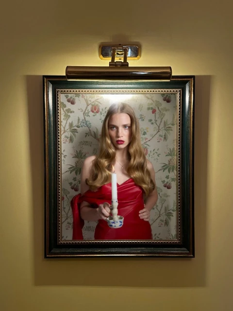 Woman in red dress holding candle in front of floral wallpaper, framed and lit by a picture light on yellow wall. Portrait.