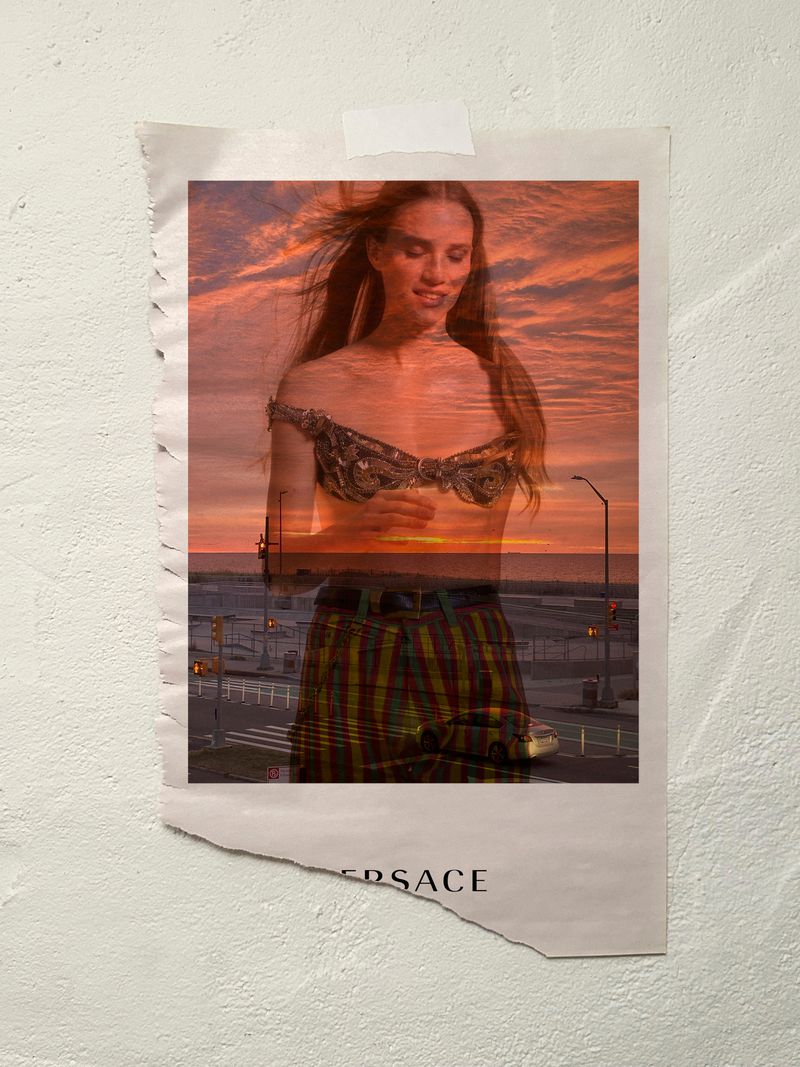 Double exposure image of a woman wearing a bikini top and a city airport view on a torn poster attached to a textured wall.