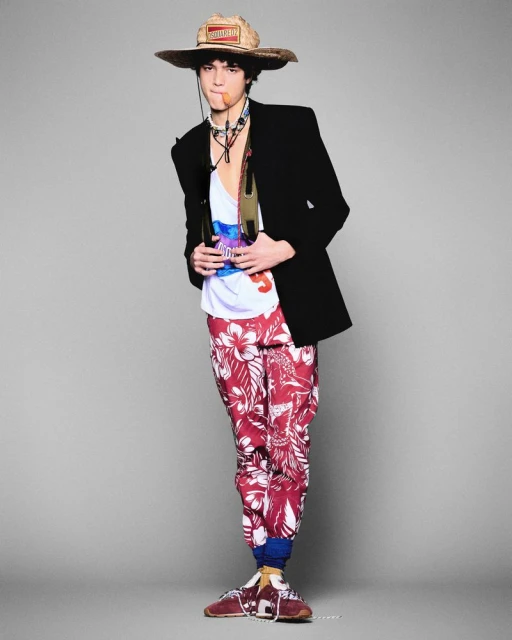 Full-length studio shot of a young adult male posing in a black blazer, Hawaiian-print pants, and a straw hat against a grey backdrop.
