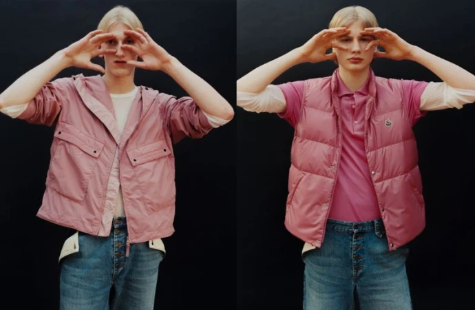 Two images of a light-skinned male model with blonde hair wearing a pink hooded jacket and a pink vest and blue jeans making a frame with his hands.