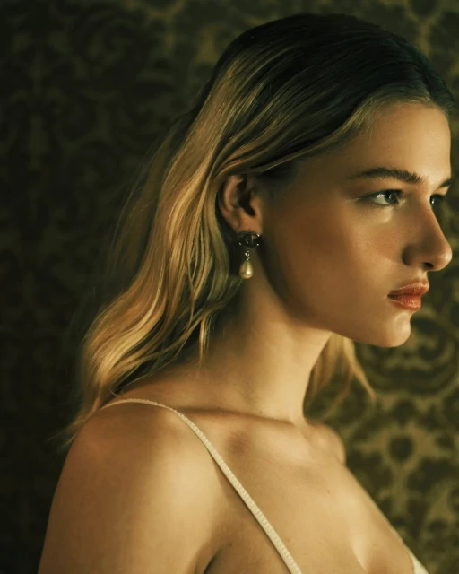 Portrait of a young woman with wavy blonde hair, wearing pearl earrings and a white top, against a dark patterned background.