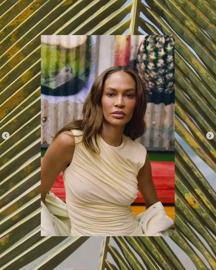 Joan Smalls wearing a cream sleeveless top framed by palm fronds for AGOLDE Spring 26 photographed by Ryan McGinley.