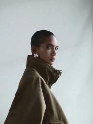 Summer Thompson wearing an olive high-collar jacket and silver statement earrings against a pale studio background.