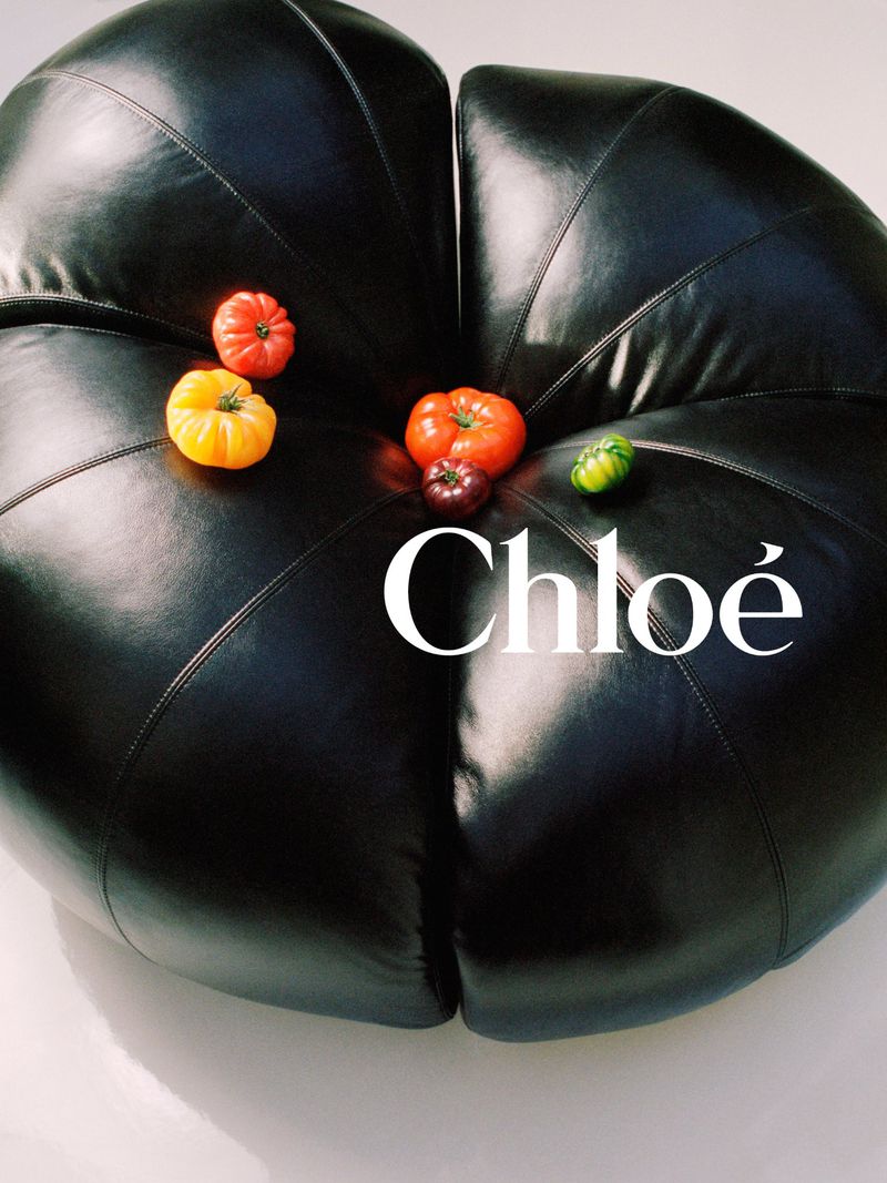 Close-up of a black leather pouf adorned with an arrangement of colourful tomatoes, presented against a soft white backdrop.