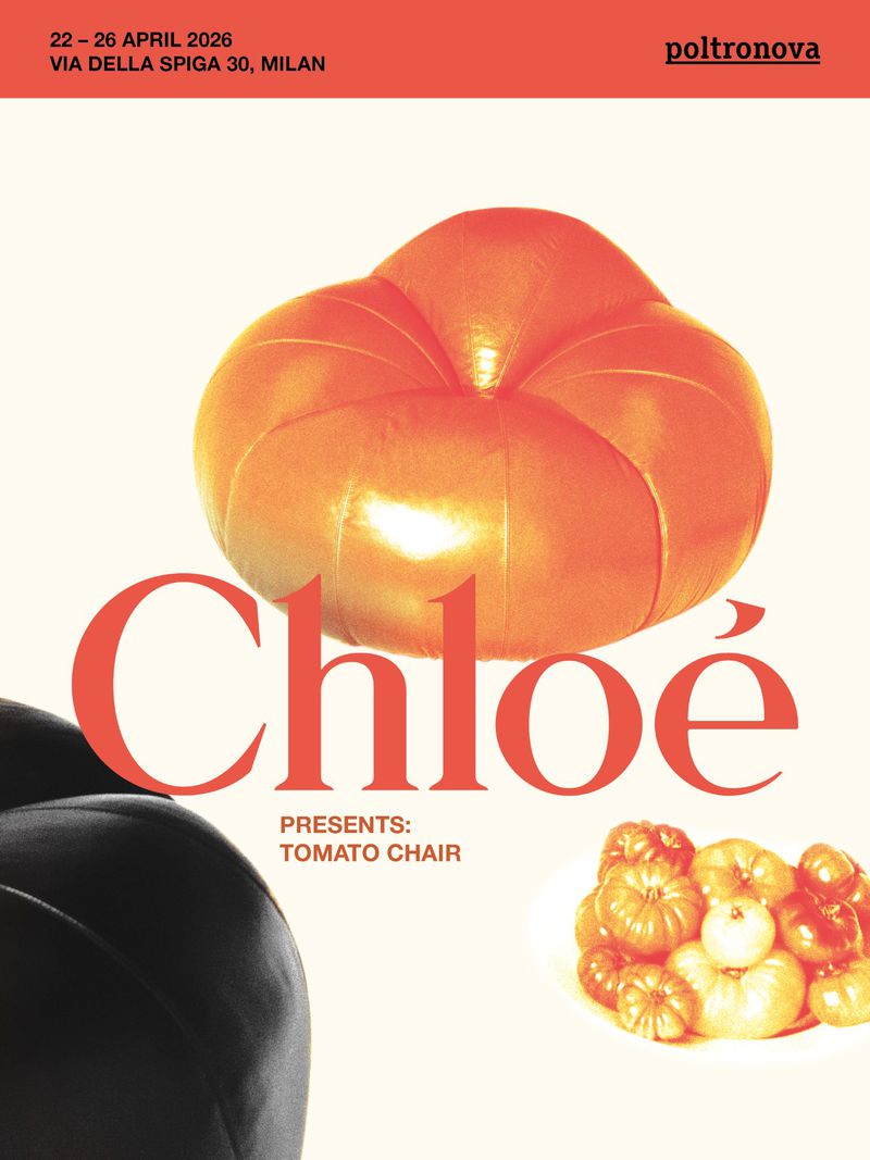 Poster for Poltronova featuring the Tomato Chair by Chloé, showcasing a playful design with orange and black rounded forms against a light background.