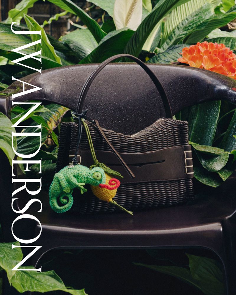 Dark-brown purse sitting on a chair surrounded by green plants, with a green chameleon-shaped keychain and the words J.W. Anderson.