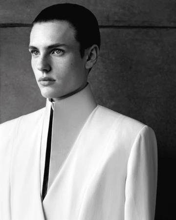 Monochrome portrait of a model with slicked-back hair wearing a structured high-collar white jacket.