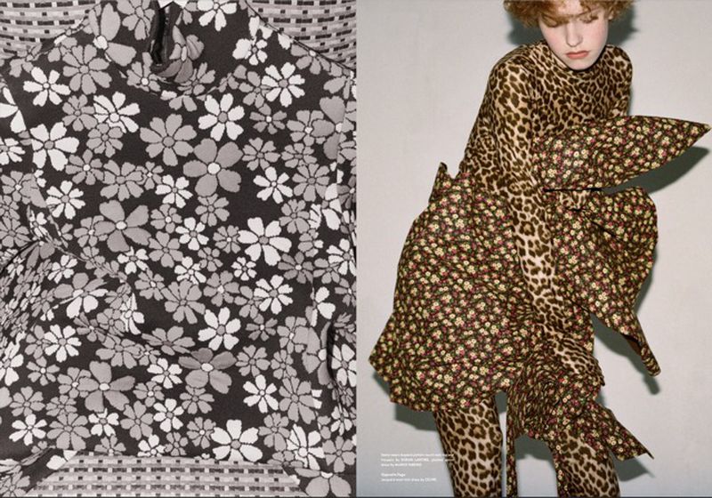 Fashion editorial shot featuring a woman wearing a floral print dress and leopard print leggings, with a fabric swatch featuring a floral print.