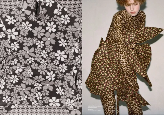 Fashion editorial shot featuring a woman wearing a floral print dress and leopard print leggings, with a fabric swatch featuring a floral print.