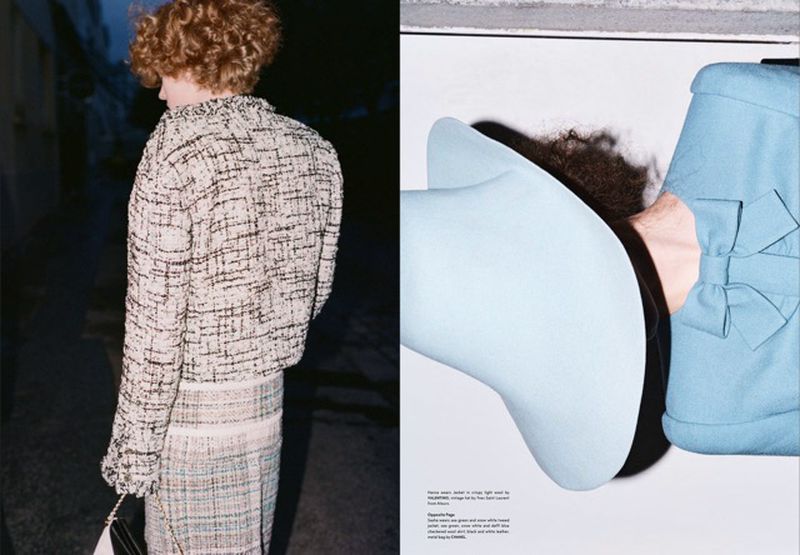 Two-panel fashion editorial featuring a woman in a tweed suit against a dark alley and a light-blue handbag with a bow.