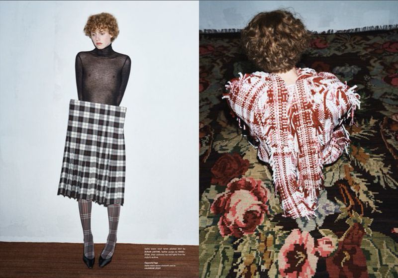 Fashion editorial featuring a woman in plaid skirt, sheer top, and patterned tights, alongside a person with a patterned poncho indoors.