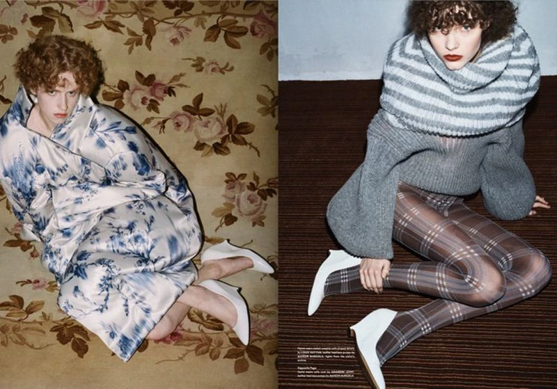 Two women pose in separate frames with floral and plaid patterns, unique textures, and matching white heels for a fashion editorial.