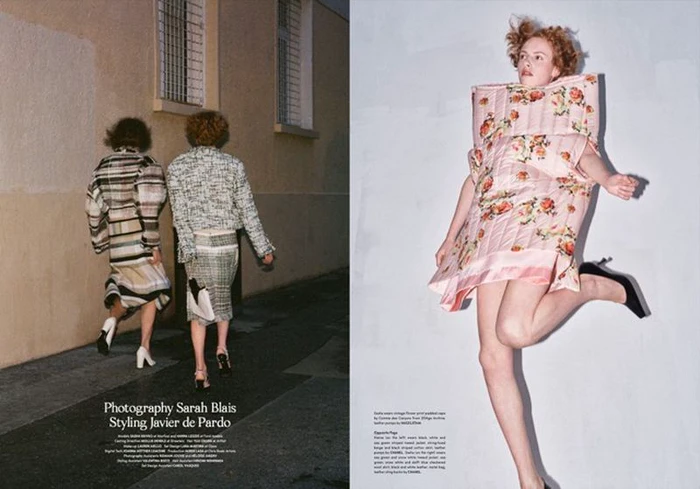 Fashion magazine spread featuring two models walking down an alleyway on the left and a model jumping in a quilted pink dress on the right.