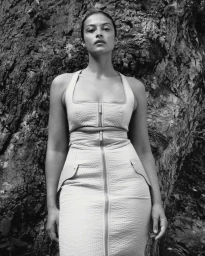 Black and white portrait of Devyn Garcia wearing a textured zip-front crop top and matching skirt against a tree trunk.