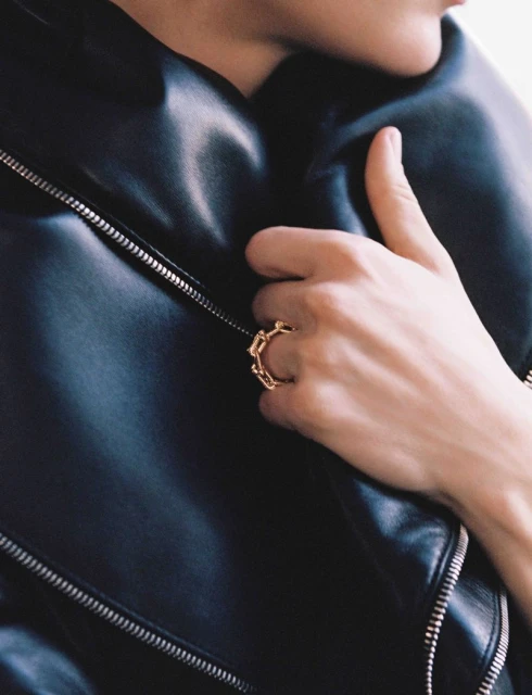 A close-up shot features a person wearing a black leather jacket and a distinctive gold ring, creating a chic and stylish aesthetic.