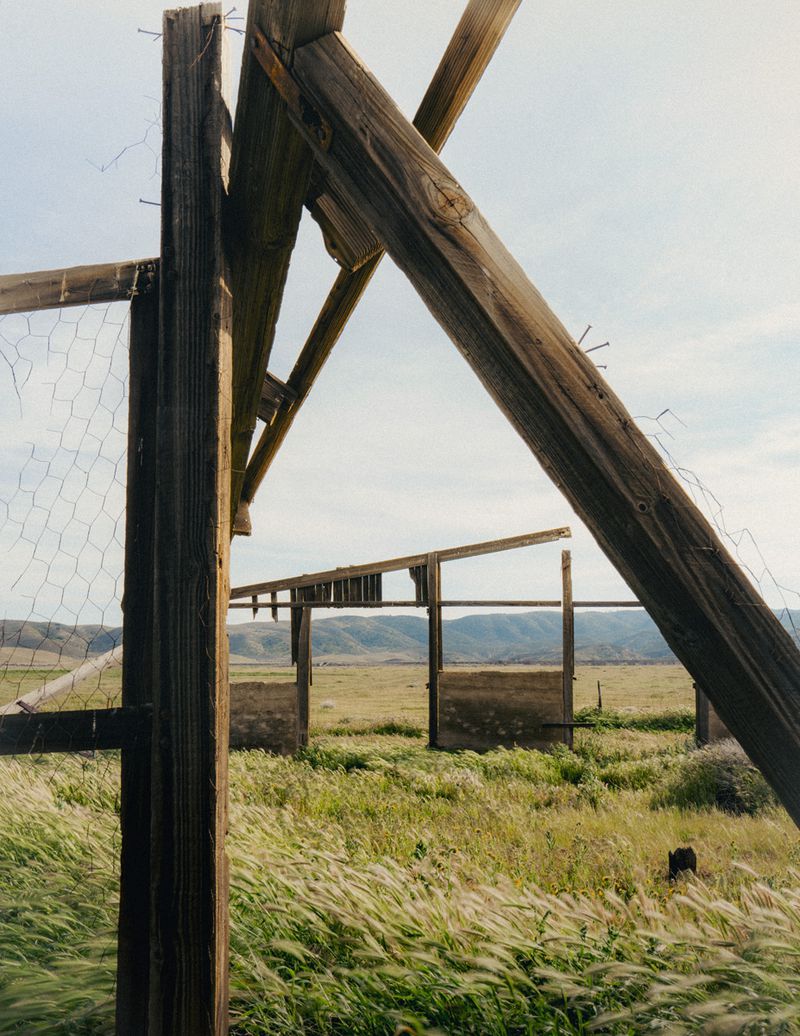 Dilapidated wooden structure in a grassy field under a light blue sky. Weathered wood and chicken wire fence with a rural backdrop.