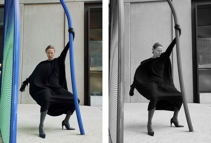 Woman in black dress and heels poses next to blue sculpture in an outdoor setting. Two images are displayed side-by-side, color and black & white.