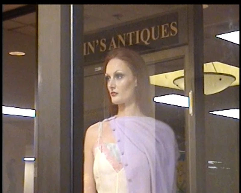 Indoor view of a model in a white dress and lavender shawl, reflected in a storefront window labeled 'IN'S ANTIQUES'.