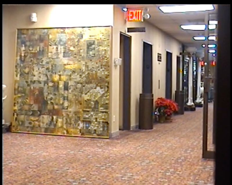 Hallway interior with large abstract art piece, potted red poinsettias, and exit sign, creating a commercial, inviting space.
