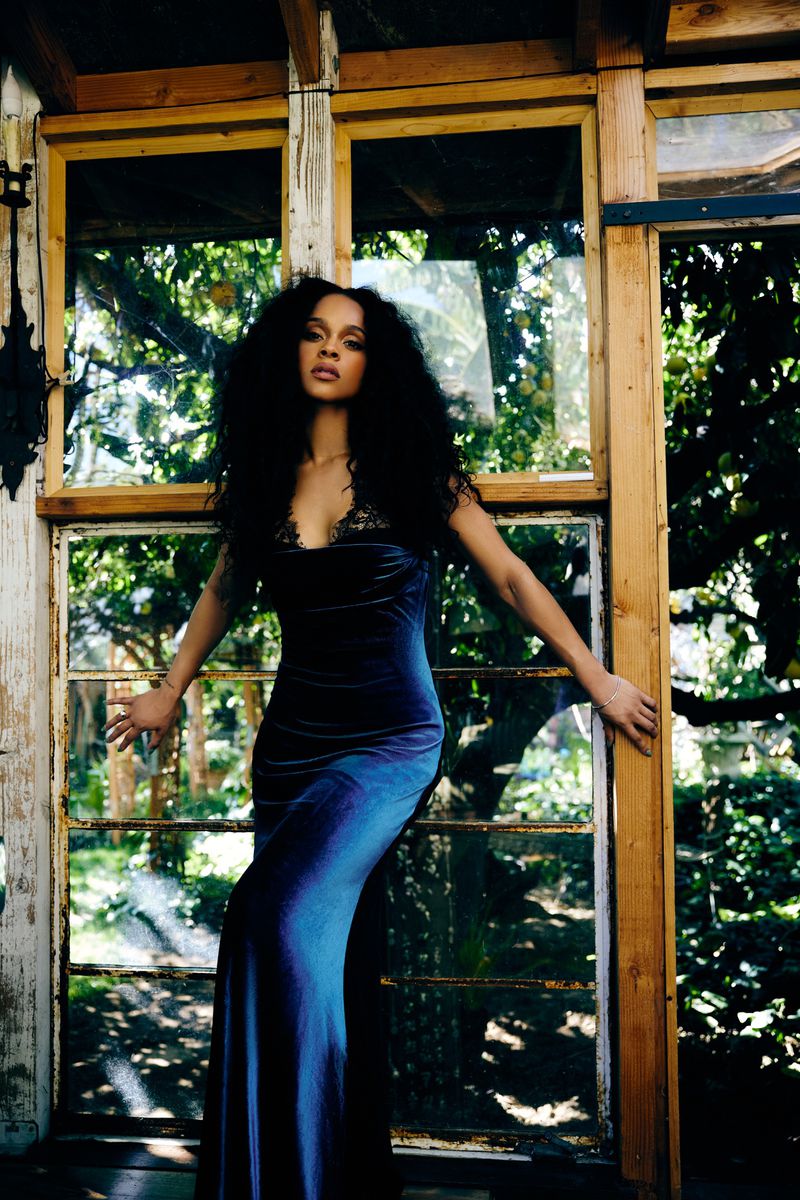 Elegant woman in a blue velvet gown strikes a pose in front of rustic windows, surrounded by greenery, bathed in soft sunlight.