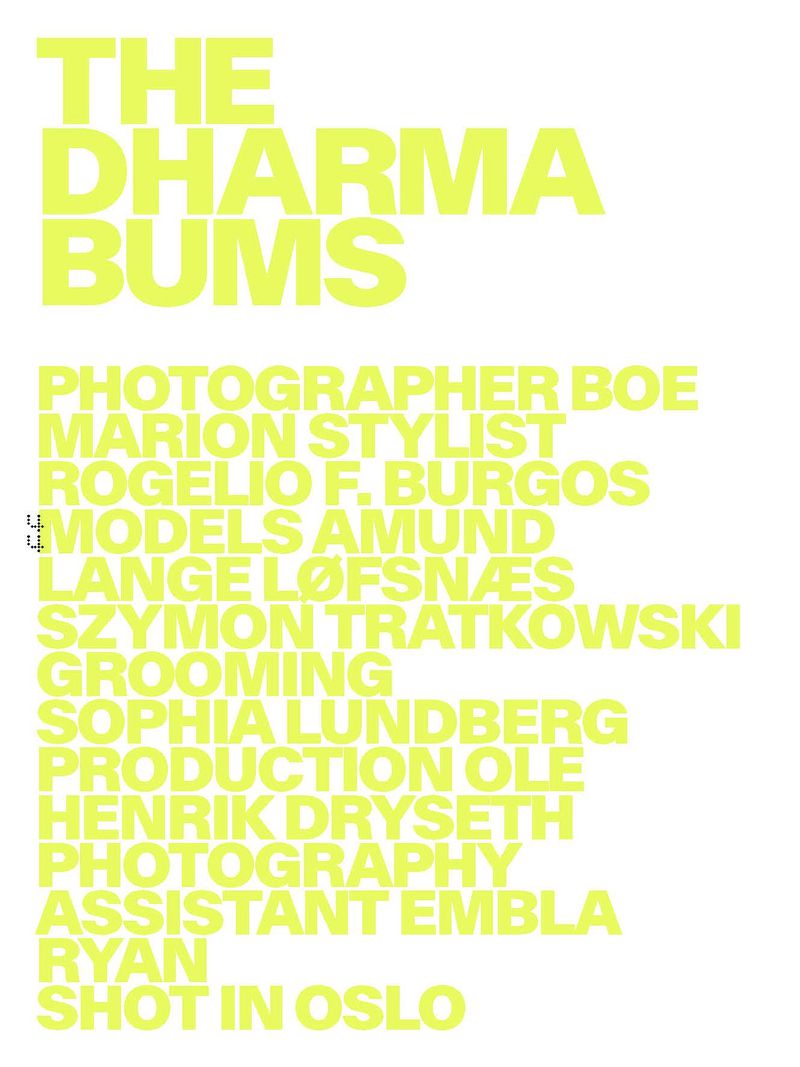 Text-based image displaying crew and production credits for 'The Dharma Bums,' highlighting photographer, stylist, models, and location in Oslo.