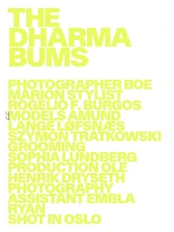 Neon yellow bold typographic credits page titled The Dharma Bums on a plain white background.