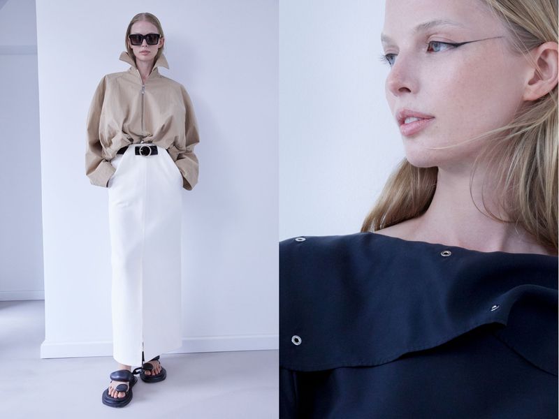 Diptych of a model in a beige jacket and white maxi skirt, beside a close-up profile portrait with graphic eyeliner.