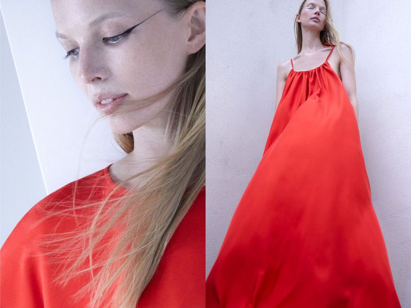 A blonde woman wears a vibrant red sleeveless maxi dress in a split-screen composition featuring a close-up and a full-length shot.