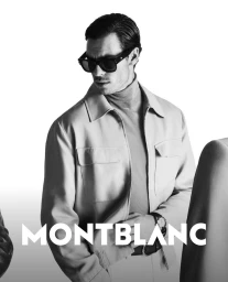 Man wearing sunglasses and a collared jacket posing for the Montblanc Spring/Summer 2025 eyewear campaign.
