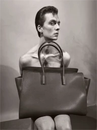 Model Leon Dame seated shirtless holding an oversized dark leather tote bag in a monochrome studio portrait.