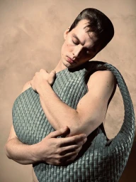 Model Leon Dame embracing an oversized grey-green woven leather bag against a warm neutral backdrop.