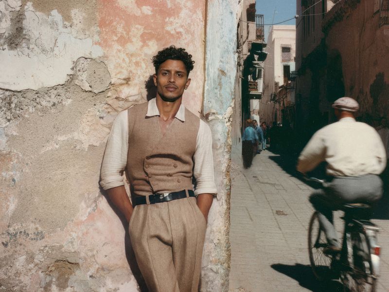 Adult man in a vest and trousers leans against an aged building in an urban street setting with a bicycle rider in the background.