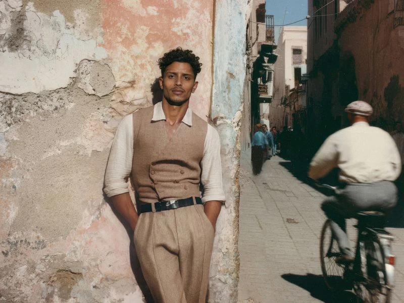 Adult man in a vest and trousers leans against an aged building in an urban street setting with a bicycle rider in the background.
