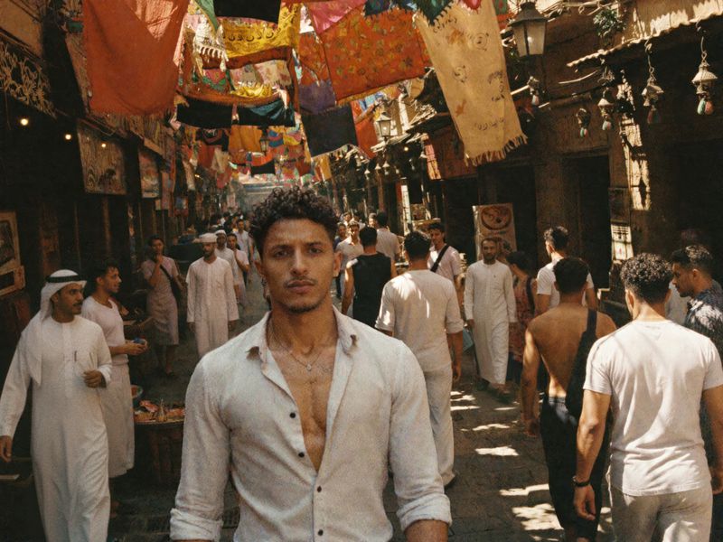 Man in a white shirt stands in a crowded outdoor market with colorful textiles hanging overhead in an urban Middle Eastern setting.