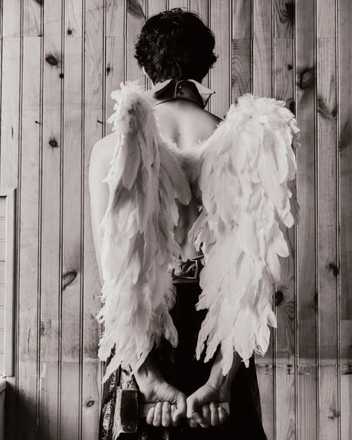 Black and white studio shot from the back of a person wearing large feathered wings and holding hands behind back, standing by wood paneling.
