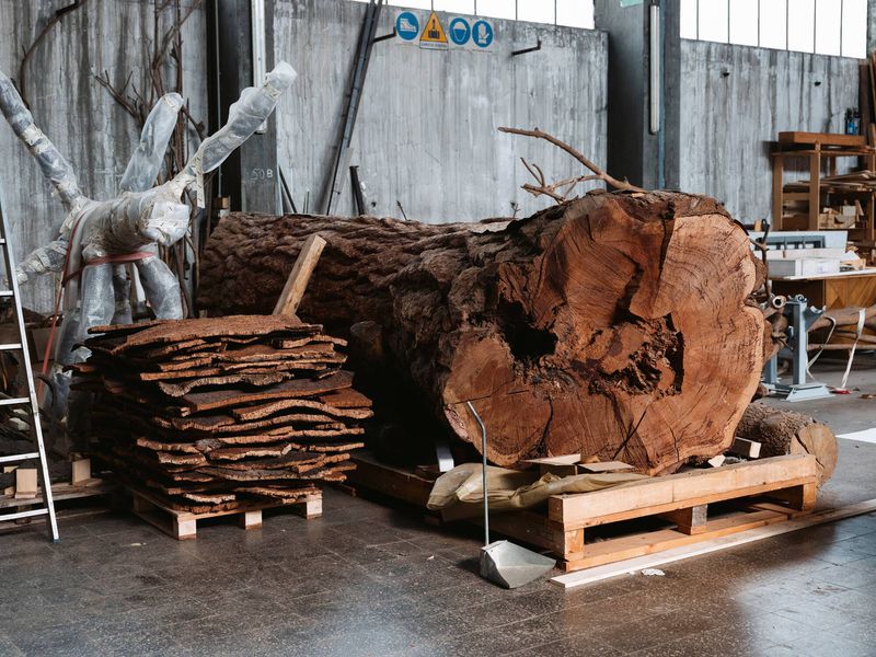 Large tree trunk in industrial setting with stacked cork bark, wrapped tree sculpture, and concrete walls in a woodworking facility.
