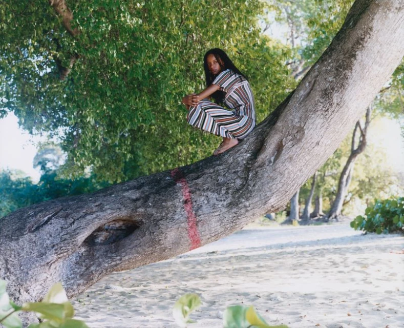 Adult female in patterned jumpsuit crouches on a fallen tree trunk on a beach with trees and bright sky in the background.