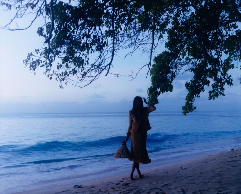 Woman in brown dress stands on sandy beach with broom at dusk beneath tree; ocean waves roll in background.