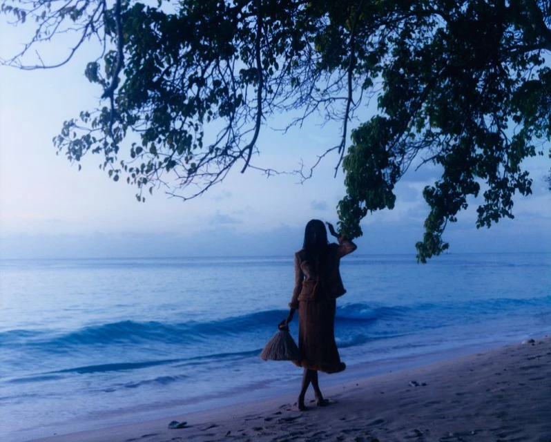Woman in brown dress stands on sandy beach with broom at dusk beneath tree; ocean waves roll in background.