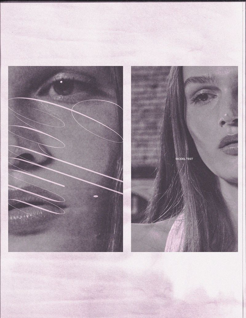 Monochrome collage featuring a woman's face in two panels with overlaid white lines on a pink textured background, evoking a unique aesthetic.