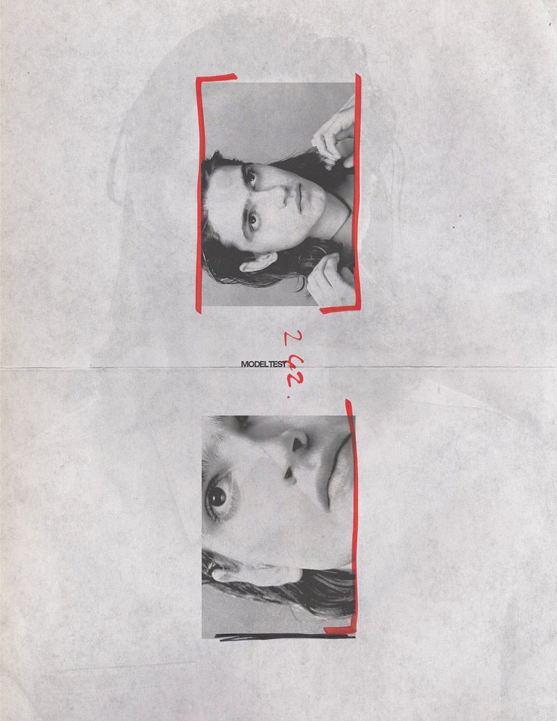 Black and white photographic artwork features two portraits of a woman on textured paper, framed with red lines, offering a vintage aesthetic.