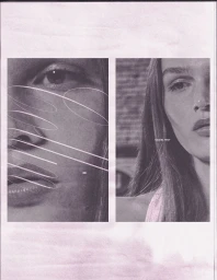 Monochrome editorial diptych featuring close-up portraits of a model with abstract white graphic line overlays.