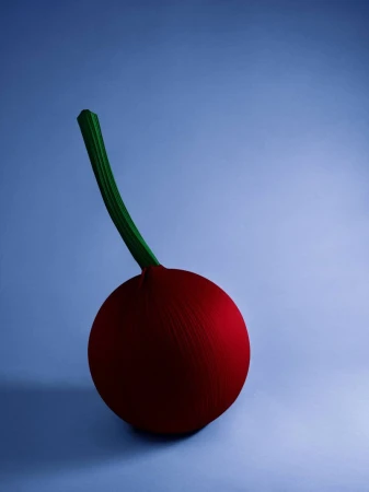 Stylized image of a red, spherical fruit or vegetable with a green stem on a blue gradient background, creating a surreal, minimalist vibe.