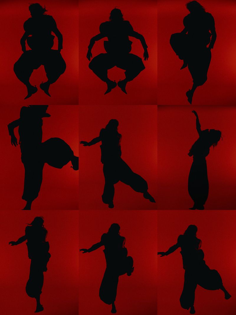 Nine silhouettes of a person in different action poses against a gradient red background, creating a dynamic and rhythmic pattern.