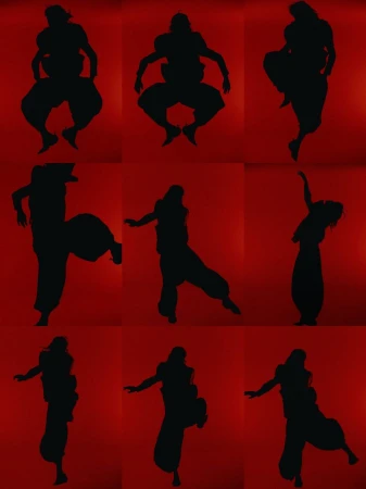 Nine silhouettes of a person in different action poses against a gradient red background, creating a dynamic and rhythmic pattern.