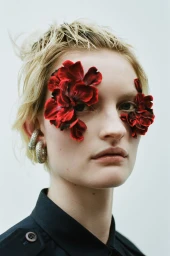 Close-up portrait of a blonde model wearing red floral petals over her eyes and a crystal ear cuff against a plain white background.