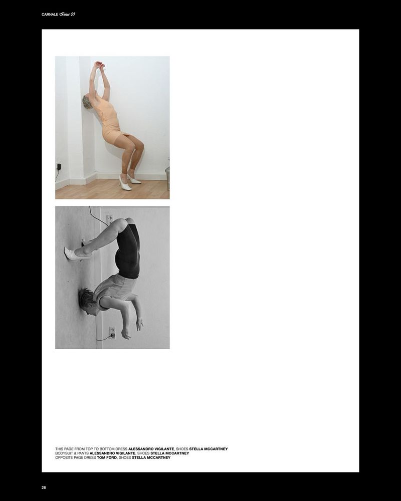 Two people photographed in a magazine spread, one standing performing wall sit, one upside down against a wall in a black and white photo.
