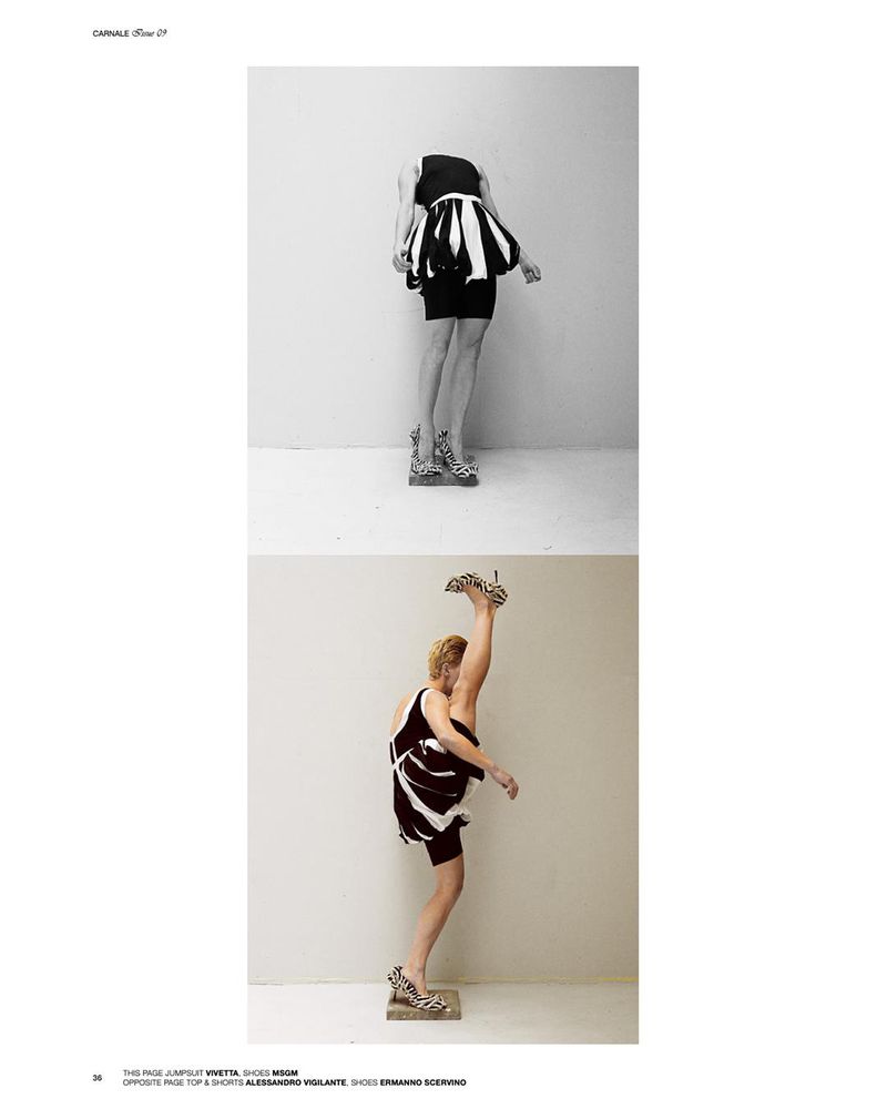 Fashion editorial featuring an adult female model posing in black and white patterned high heels, a black top, and shorts in a studio.